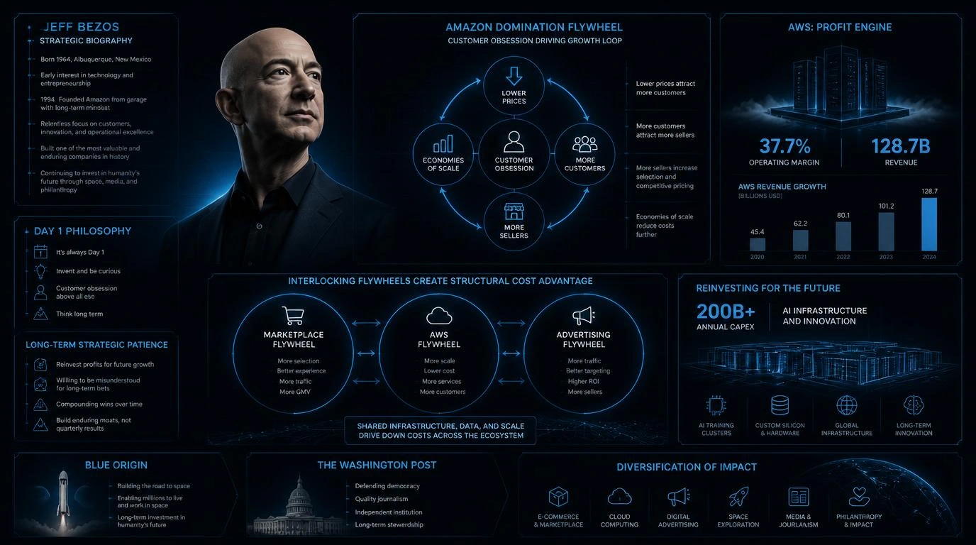 NOETRA - Jeff Bezos — Biographie stratégique : flywheel client/croissance, AWS et architecture de domination Amazon